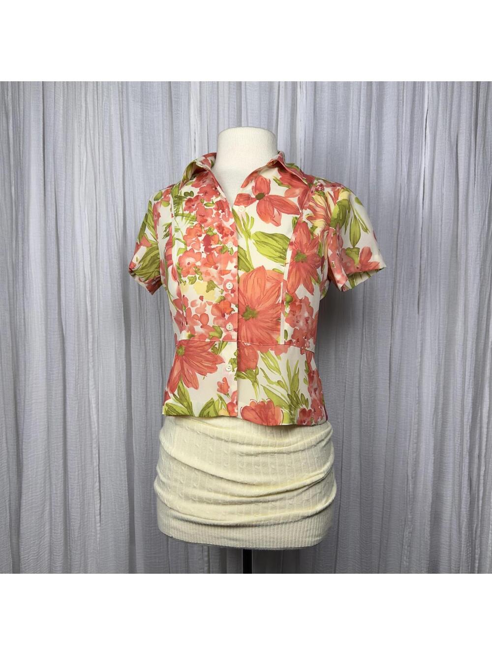 Vintage preppy indie boho button up sheer floral pleated shirt (4P)